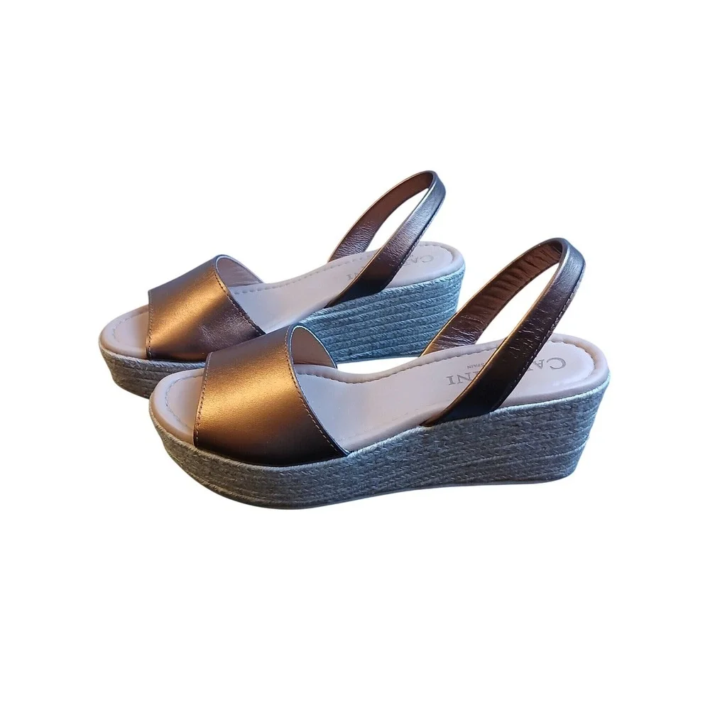 Calaxini Women Bronze Metallic Leather Espadrille Wedge Sandals EU 37 Made Spain